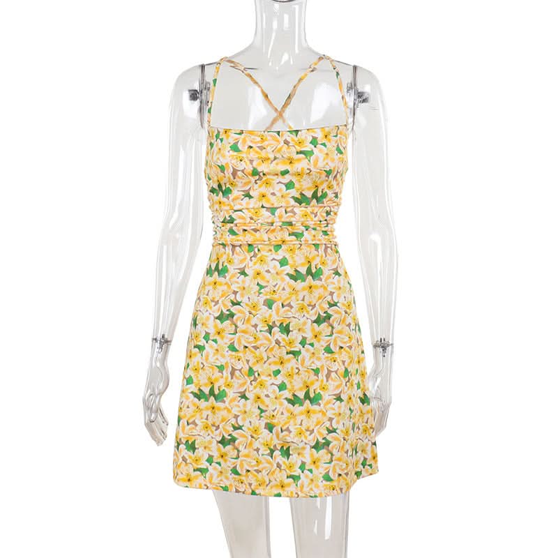 Square neck cross back ruched print cami mini dress
