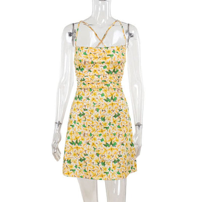 Square neck cross back ruched print cami mini dress