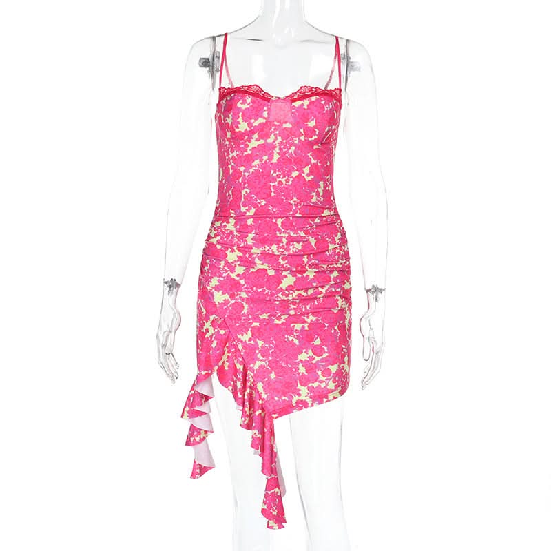 Irregular ruched lace hem print slit cami mini dress