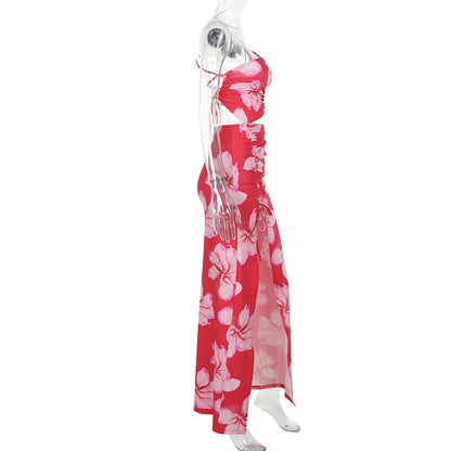 One shoulder ruched slit flower print maxi dress