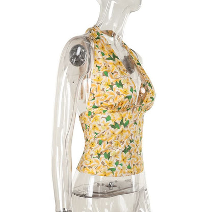 Halter self tie flower print backless top