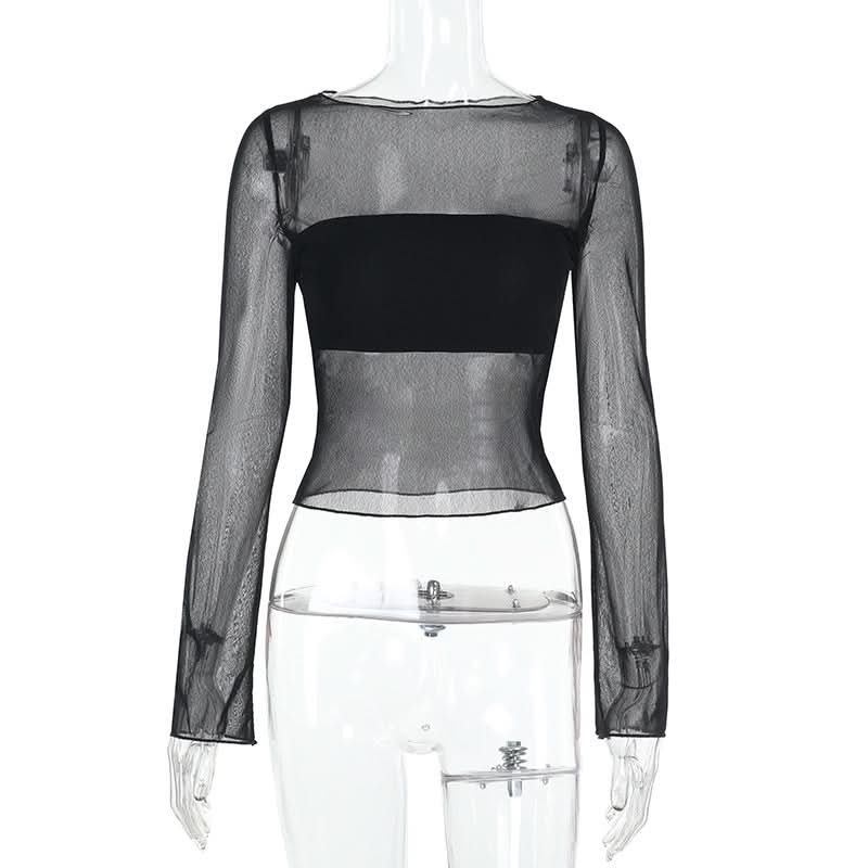 Long sleeve mesh crewneck solid top