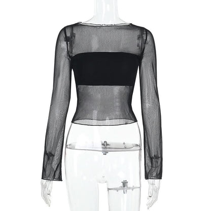 Long sleeve mesh crewneck solid top