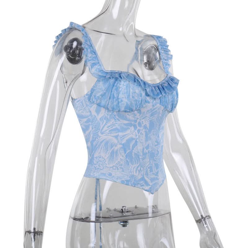 Ruched print corset self tie tank top