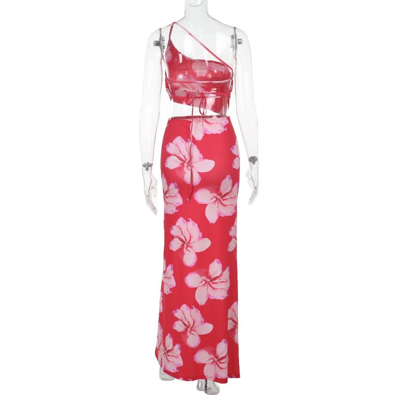 One shoulder ruched slit flower print maxi dress
