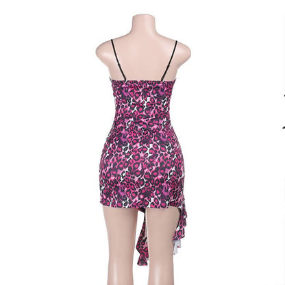 Lace hem print irregular slit ruched cami mini dress