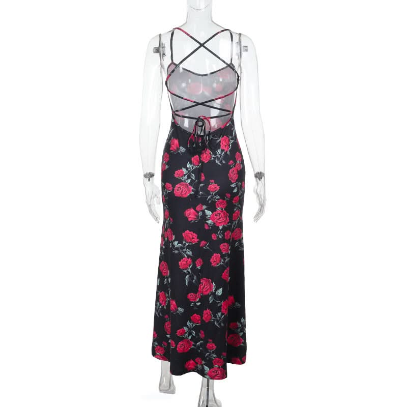Cross back self tie flower print v neck cami maxi dress