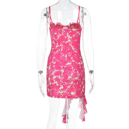 Irregular ruched lace hem print slit cami mini dress