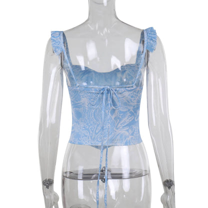 Ruched print corset self tie tank top