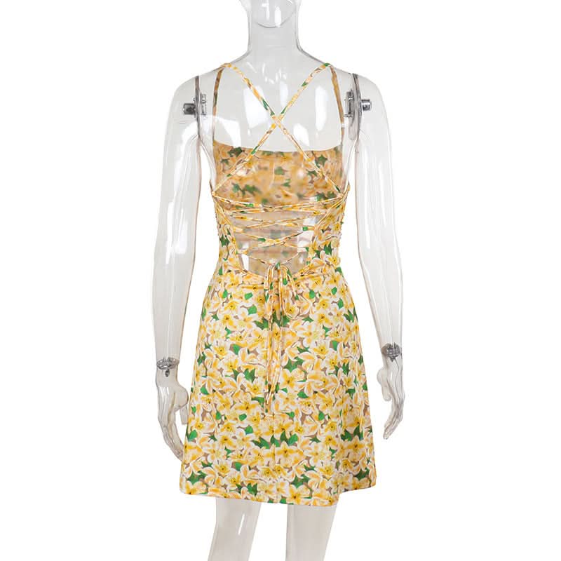 Square neck cross back ruched print cami mini dress