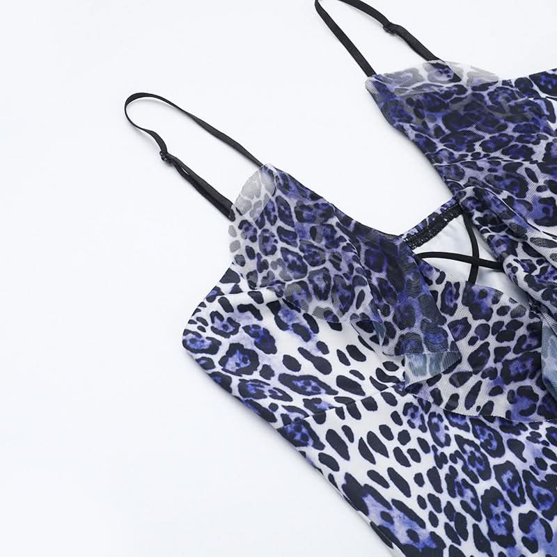 Leopard print hollow out irregular slit cami cut out maxi dress