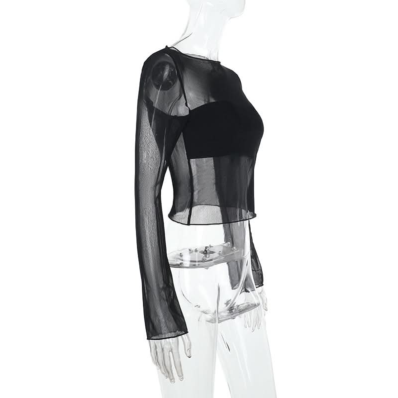 Long sleeve mesh crewneck solid top