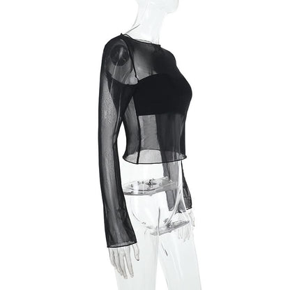 Long sleeve mesh crewneck solid top
