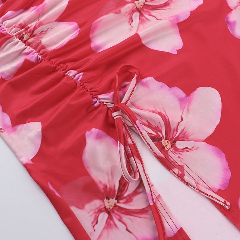 One shoulder ruched slit flower print maxi dress