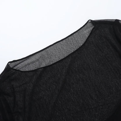 Long sleeve mesh crewneck solid top