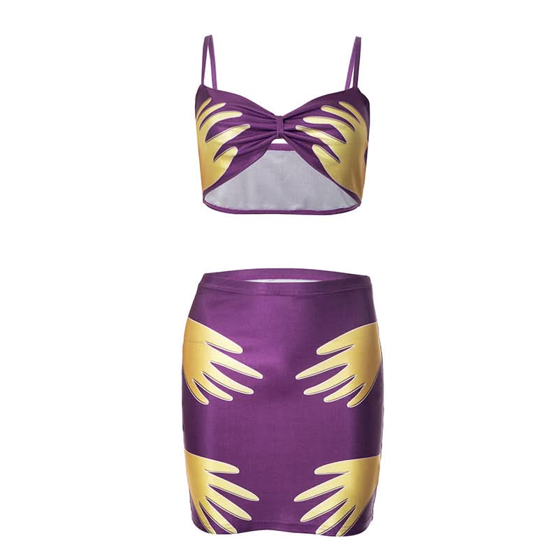 Ruched v neck palm print cami mini skirt set