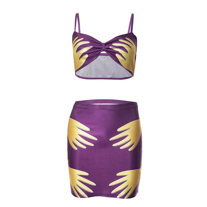 Ruched v neck palm print cami mini skirt set