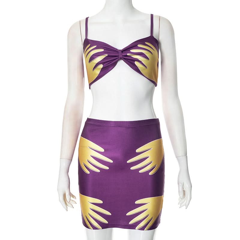 Ruched v neck palm print cami mini skirt set