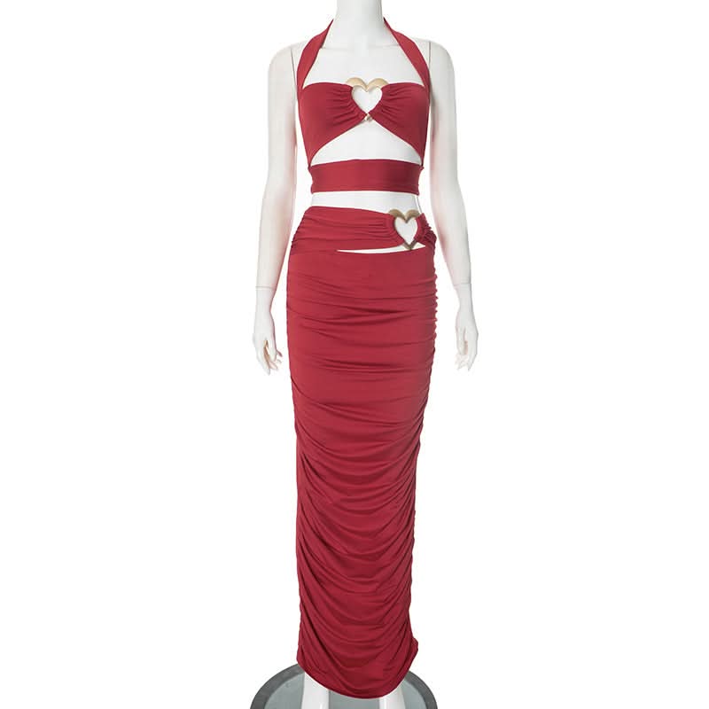 Slit halter hollow out ruched maxi skirt set