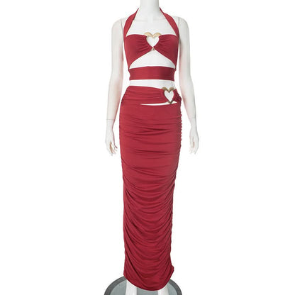 Slit halter hollow out ruched maxi skirt set