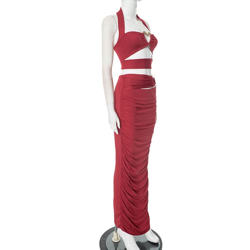 Slit halter hollow out ruched maxi skirt set