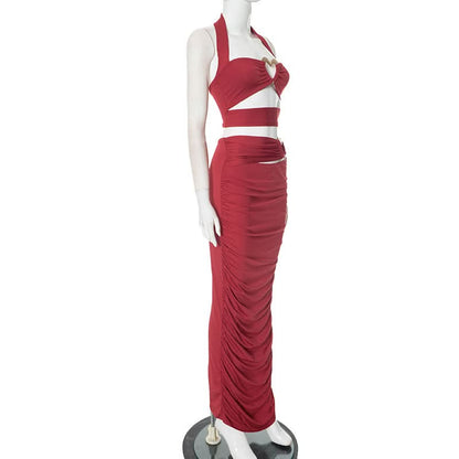 Slit halter hollow out ruched maxi skirt set