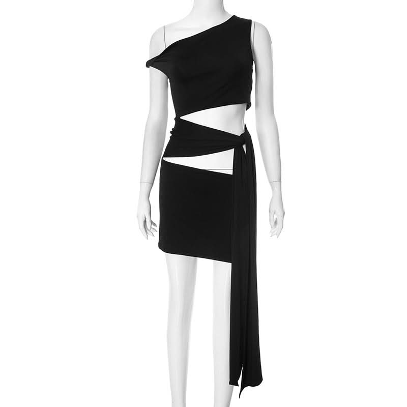 Hollow out irregular one shoulder solid cut out mini dress