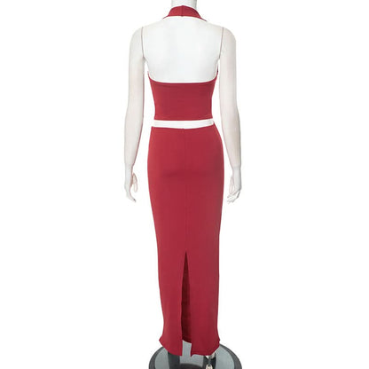 Slit halter hollow out ruched maxi skirt set