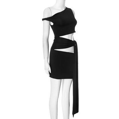 Hollow out irregular one shoulder solid cut out mini dress