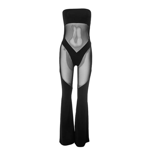 Mesh patchwork backless tube jumpsuit