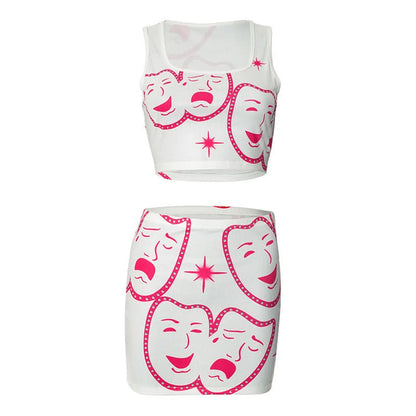 Square neck ribbed face print mini skirt set