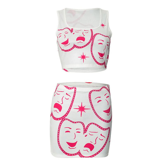 Square neck ribbed face print mini skirt set