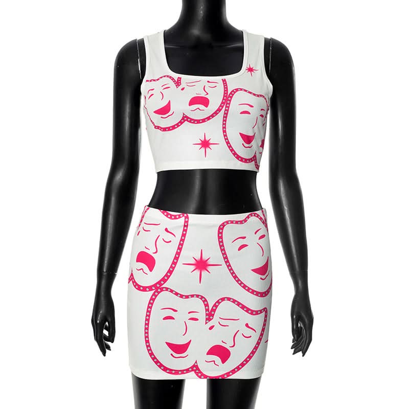 Square neck ribbed face print mini skirt set