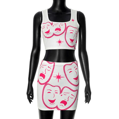 Square neck ribbed face print mini skirt set
