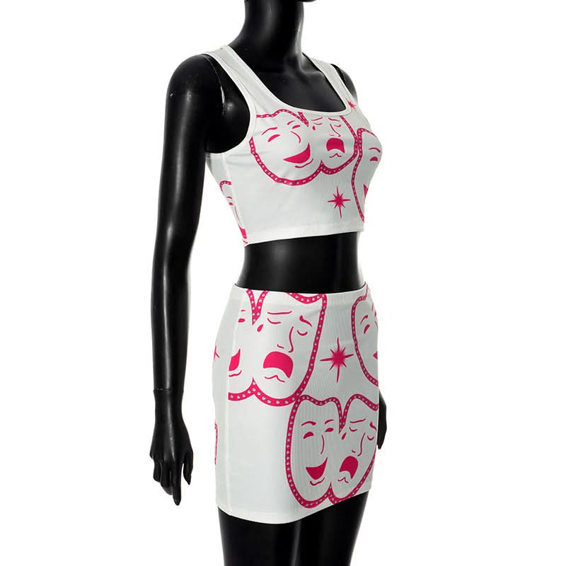 Square neck ribbed face print mini skirt set
