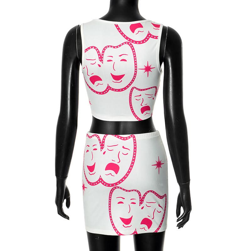 Square neck ribbed face print mini skirt set