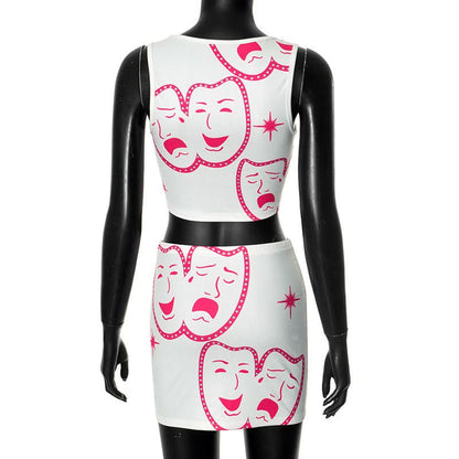 Square neck ribbed face print mini skirt set