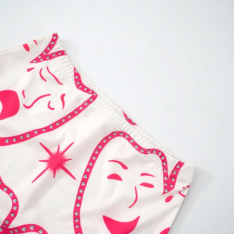 Square neck ribbed face print mini skirt set