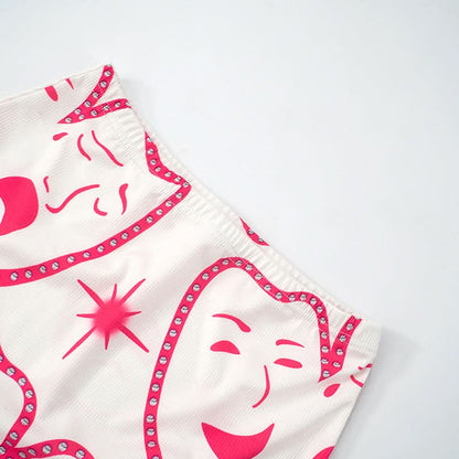 Square neck ribbed face print mini skirt set