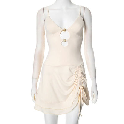 V neck hollow out ruched drawstring cami cut out mini dress