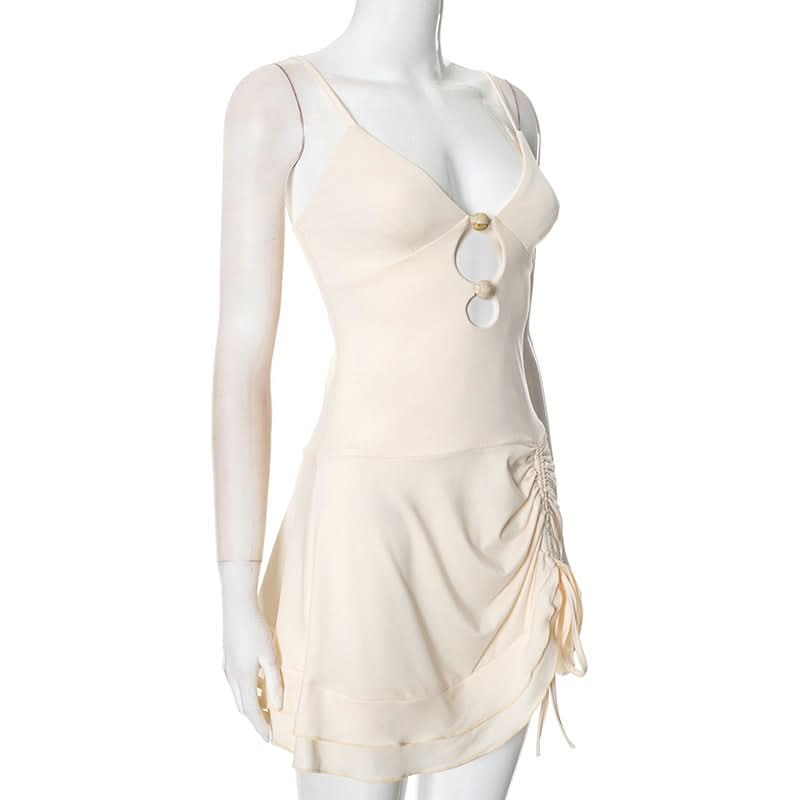 V neck hollow out ruched drawstring cami cut out mini dress