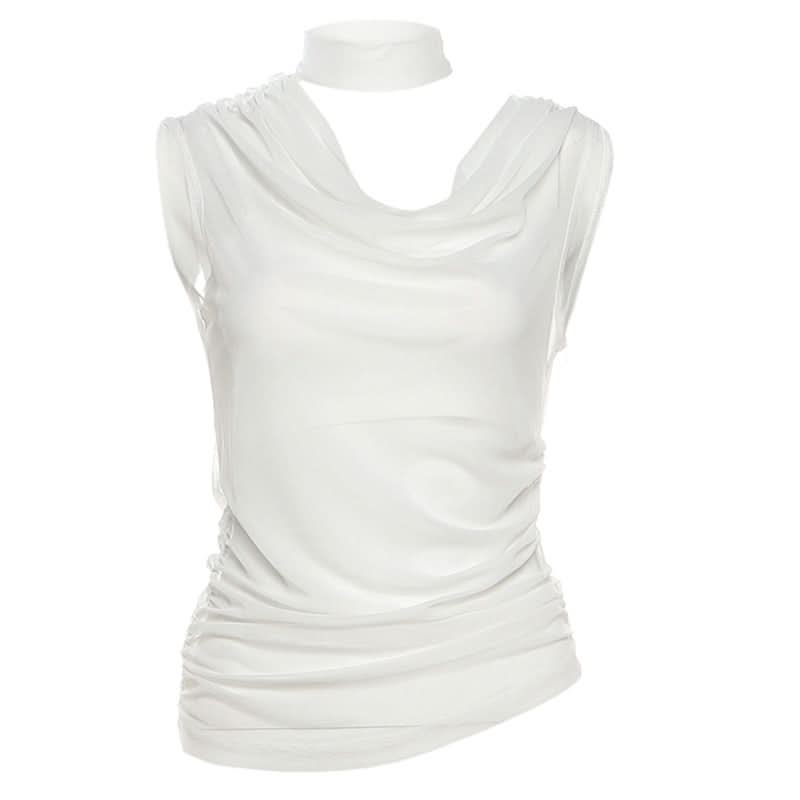 Mesh cowl neck irregular ruched 2 piece top