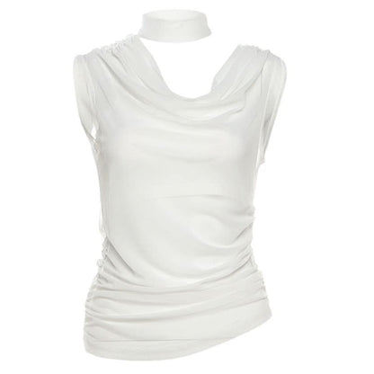 Mesh cowl neck irregular ruched 2 piece top