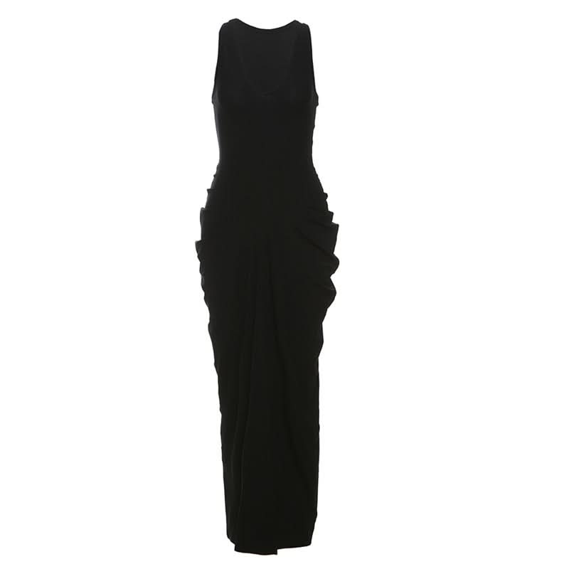 V neck sleeveless ruched solid maxi dress