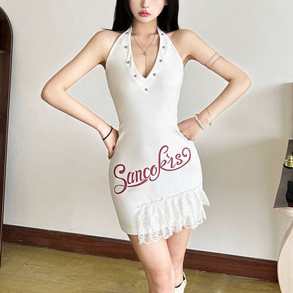 V neck letter pattern halter self tie mini dress