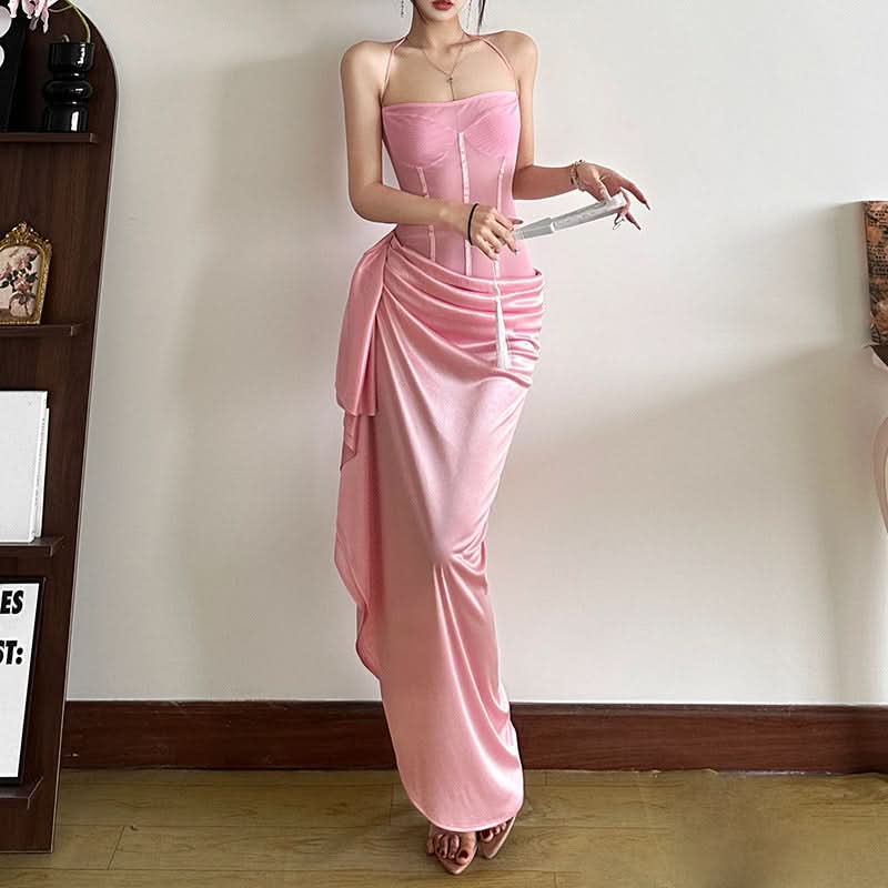 Halter self tie button mesh ruched maxi dress