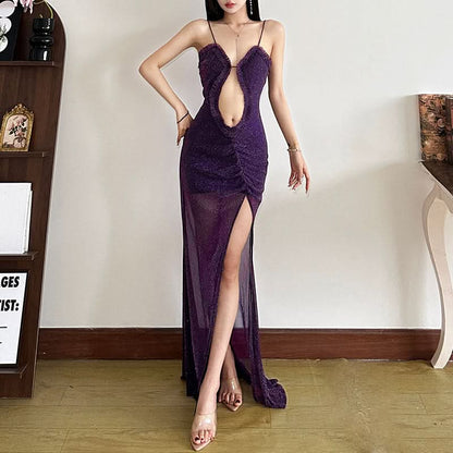 High slit hollow out ruched v neck cami cut out maxi dress