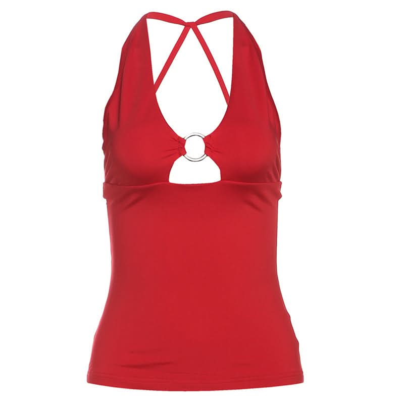 Hollow out o ring u neck backless cut out top