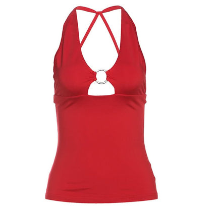 Hollow out o ring u neck backless cut out top