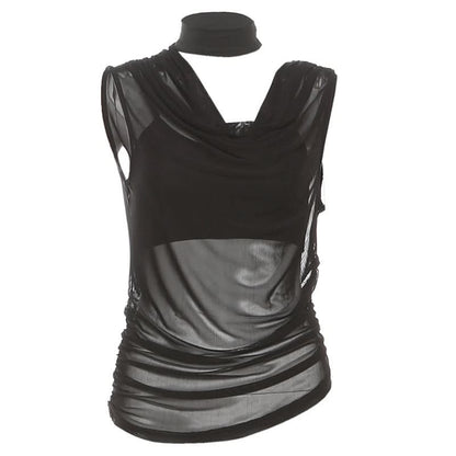 Mesh cowl neck irregular ruched 2 piece top